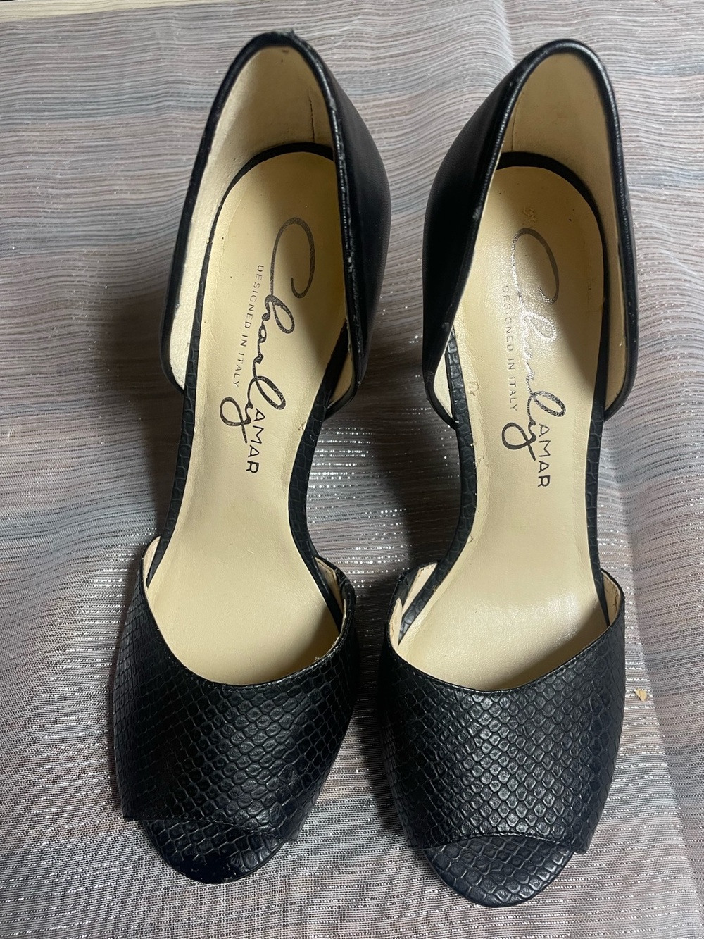 Carla Lamar Black Textured D'Orsay Peep-Toe Heels